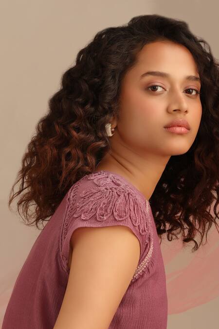 Myoho Purple Cotton Embroidery Round Neck Sleeve Hand Double-layered Dress Online at Aza Fashions Myoho_Purple Cotton Embroidery Round Neck Sleeve Hand Double-layered Dress _Online_at_Aza_Fashions