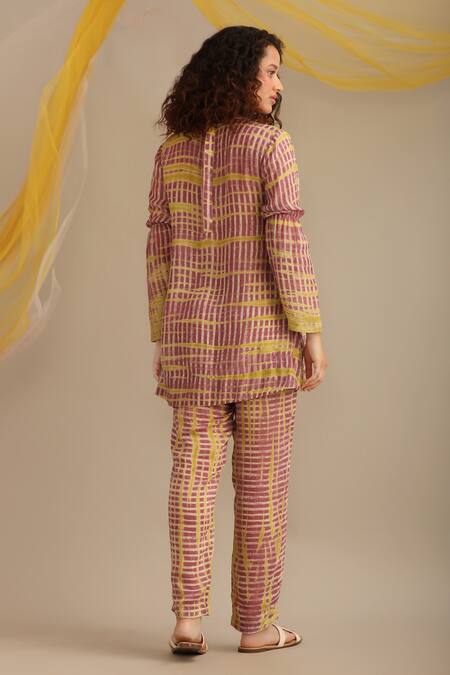 Shop_Myoho_Purple Cotton Silk Printed Striped Round Top And Pant Set _at_Aza_Fashions