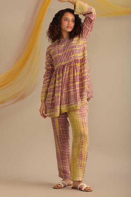 Myoho_Purple Cotton Silk Printed Striped Round Top And Pant Set _Online_at_Aza_Fashions
