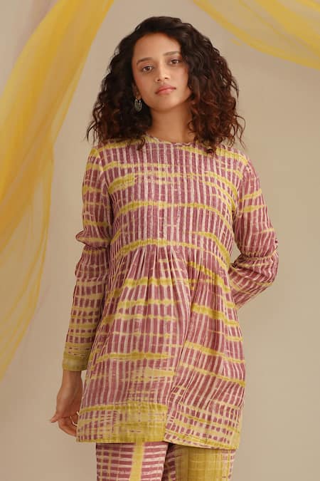 Buy_Myoho_Purple Cotton Silk Printed Striped Round Top And Pant Set _Online_at_Aza_Fashions