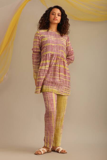 Shop_Myoho_Purple Cotton Silk Printed Striped Round Top And Pant Set _Online_at_Aza_Fashions