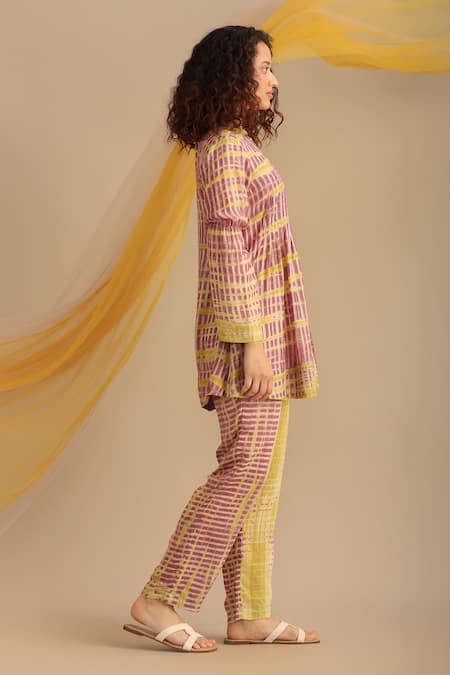 Myoho_Purple Cotton Silk Printed Striped Round Top And Pant Set _at_Aza_Fashions