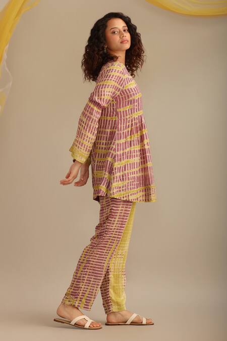 Buy_Myoho_Purple Cotton Silk Printed Striped Round Top And Pant Set 
