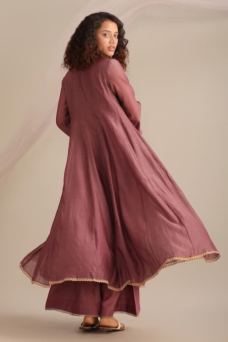 Shop Myoho Purple Chanderi Embroidery Round Neck Yoke Hand Anarkali And Pant Set at Aza Fashions Shop_Myoho_Purple Chanderi Embroidery Round Neck Yoke Hand Anarkali And Pant Set _at_Aza_Fashions