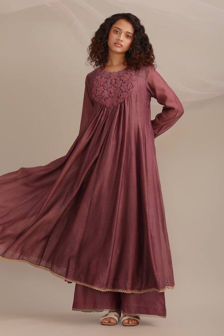 Myoho Purple Chanderi Embroidery Round Neck Yoke Hand Anarkali And Pant Set Online at Aza Fashions Myoho_Purple Chanderi Embroidery Round Neck Yoke Hand Anarkali And Pant Set _Online_at_Aza_Fashions