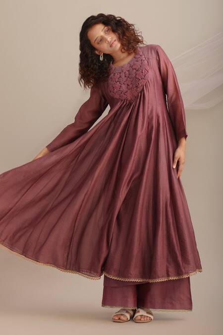 Buy Myoho Purple Chanderi Embroidery Round Neck Yoke Hand Anarkali And Pant Set Online at Aza Fashions Buy_Myoho_Purple Chanderi Embroidery Round Neck Yoke Hand Anarkali And Pant Set _Online_at_Aza_Fashions