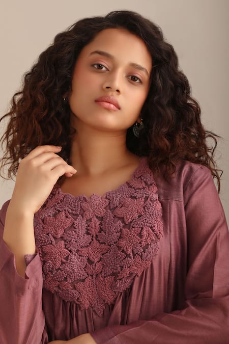 Shop Myoho Purple Chanderi Embroidery Round Neck Yoke Hand Anarkali And Pant Set Online at Aza Fashions Shop_Myoho_Purple Chanderi Embroidery Round Neck Yoke Hand Anarkali And Pant Set _Online_at_Aza_Fashions