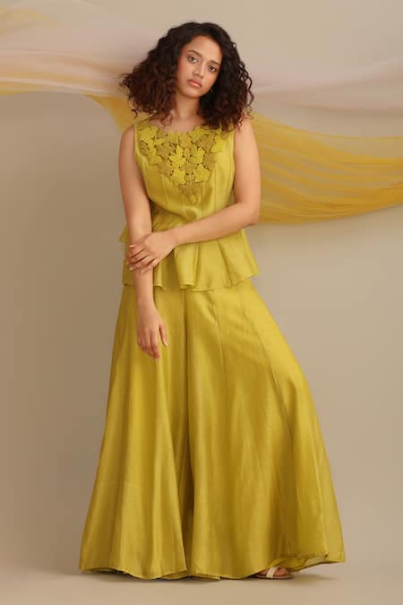 Shop Myoho Green Chanderi Embroidery Round Neck Yoke Hand Top And Sharara Set at Aza Fashions Shop_Myoho_Green Chanderi Embroidery Round Neck Yoke Hand Top And Sharara Set _at_Aza_Fashions