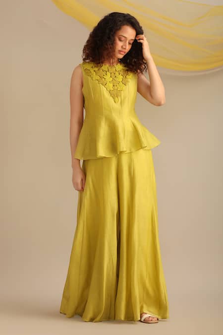 Myoho Green Chanderi Embroidery Round Neck Yoke Hand Top And Sharara Set Online at Aza Fashions Myoho_Green Chanderi Embroidery Round Neck Yoke Hand Top And Sharara Set _Online_at_Aza_Fashions