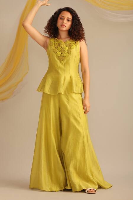 Buy Myoho Green Chanderi Embroidery Round Neck Yoke Hand Top And Sharara Set Online at Aza Fashions Buy_Myoho_Green Chanderi Embroidery Round Neck Yoke Hand Top And Sharara Set _Online_at_Aza_Fashions