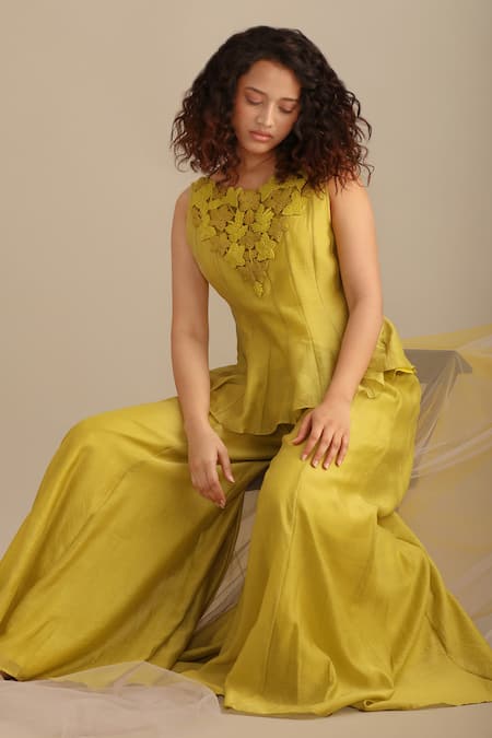 Shop Myoho Green Chanderi Embroidery Round Neck Yoke Hand Top And Sharara Set Online at Aza Fashions Shop_Myoho_Green Chanderi Embroidery Round Neck Yoke Hand Top And Sharara Set _Online_at_Aza_Fashions