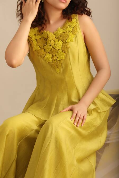 Myoho Green Chanderi Embroidery Round Neck Yoke Hand Top And Sharara Set at Aza Fashions Myoho_Green Chanderi Embroidery Round Neck Yoke Hand Top And Sharara Set _at_Aza_Fashions