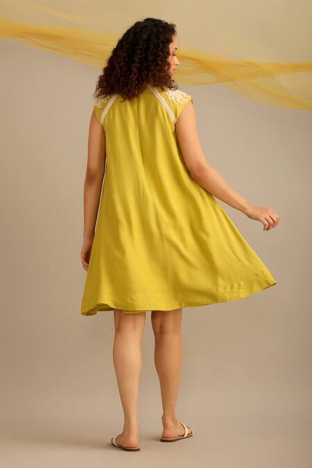 Shop_Myoho_Green Cotton, Silk Embroidery Round Neck Sleeve Hand Dress _at_Aza_Fashions
