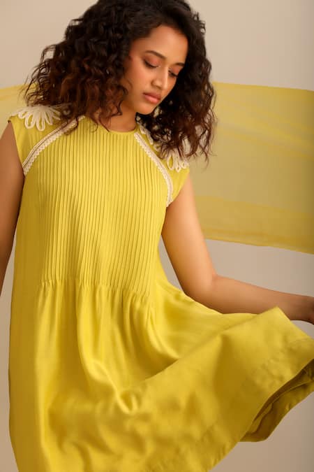 Myoho_Green Cotton, Silk Embroidery Round Neck Sleeve Hand Dress _Online_at_Aza_Fashions