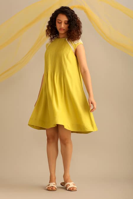 Buy_Myoho_Green Cotton, Silk Embroidery Round Neck Sleeve Hand Dress _Online_at_Aza_Fashions