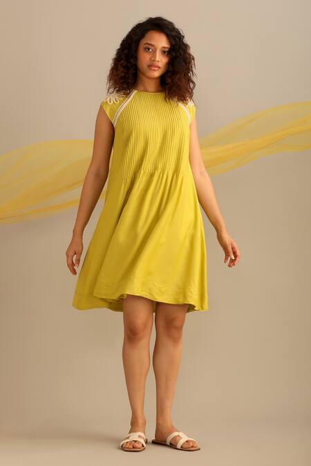 Shop_Myoho_Green Cotton, Silk Embroidery Round Neck Sleeve Hand Dress _Online_at_Aza_Fashions