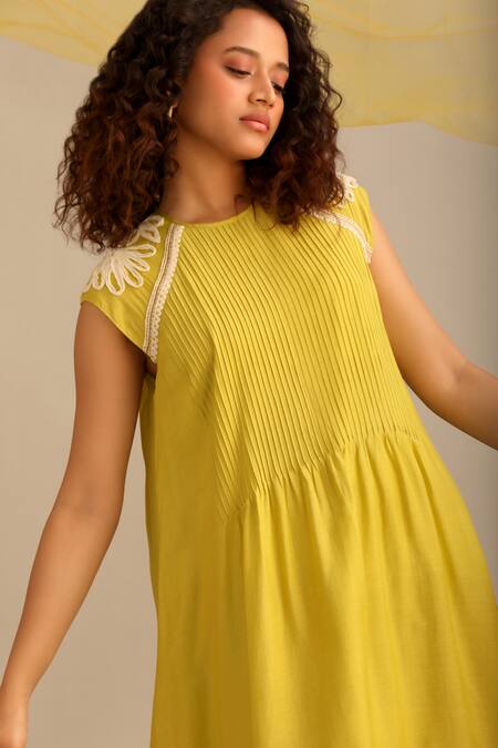 Myoho_Green Cotton, Silk Embroidery Round Neck Sleeve Hand Dress _at_Aza_Fashions