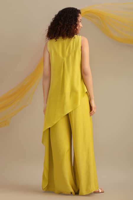 Shop Myoho Green Chiffon Embroidery Round Neck Yoke Asymmetric Kurta And Palazzo Set at Aza Fashions Shop_Myoho_Green Chiffon Embroidery Round Neck Yoke Asymmetric Kurta And Palazzo Set _at_Aza_Fashions