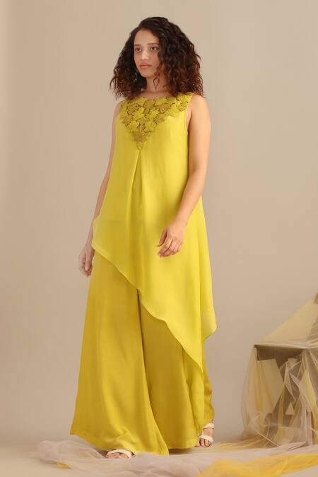 Myoho Green Chiffon Embroidery Round Neck Yoke Asymmetric Kurta And Palazzo Set Online at Aza Fashions Myoho_Green Chiffon Embroidery Round Neck Yoke Asymmetric Kurta And Palazzo Set _Online_at_Aza_Fashions