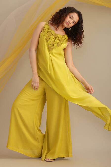 Buy Myoho Green Chiffon Embroidery Round Neck Yoke Asymmetric Kurta And Palazzo Set Online at Aza Fashions Buy_Myoho_Green Chiffon Embroidery Round Neck Yoke Asymmetric Kurta And Palazzo Set _Online_at_Aza_Fashions