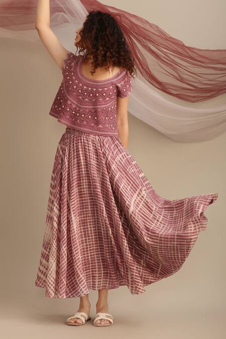 Myoho_Purple Cotton, Silk Embroidery Round Neck Crop Top And Printed Circular Skirt Set_Online_at_Aza_Fashions