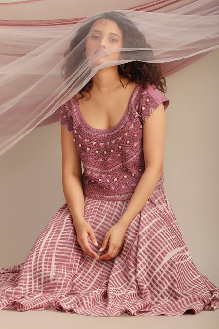 Buy_Myoho_Purple Cotton, Silk Embroidery Round Neck Crop Top And Printed Circular Skirt Set_Online_at_Aza_Fashions
