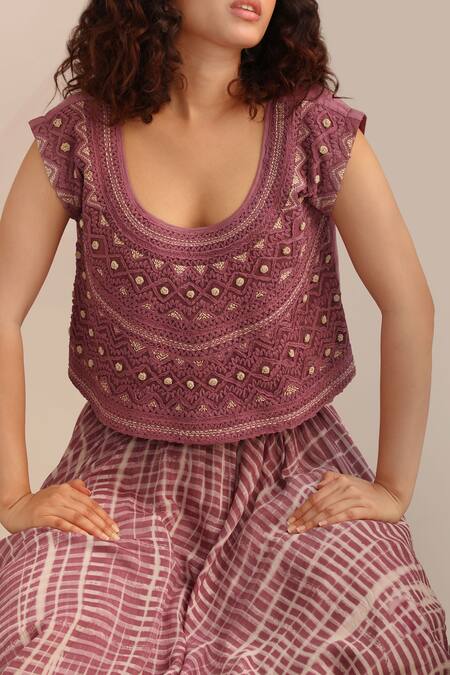 Myoho_Purple Cotton, Silk Embroidery Round Neck Crop Top And Printed Circular Skirt Set_at_Aza_Fashions