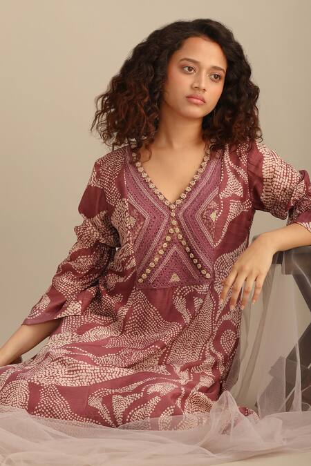 Shop Myoho Purple Cotton, Silk Embroidery V-neck Landscape Print Dress Online at Aza Fashions Shop_Myoho_Purple Cotton, Silk Embroidery V-neck Landscape Print Dress _Online_at_Aza_Fashions