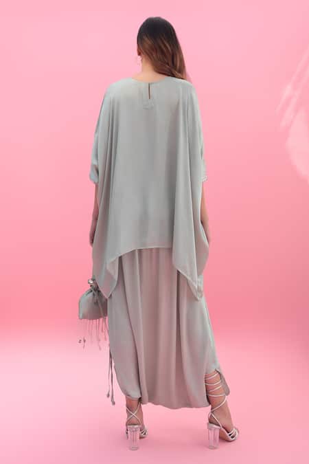 Shop Prahnaaya Green Satin, Velvet Sequins Round Masbah Embroidered Tunic With Dhoti Skirt at Aza Fashions Shop_Prahnaaya_Green Satin, Velvet Sequins Round Masbah Embroidered Tunic With Dhoti Skirt _at_Aza_Fashions