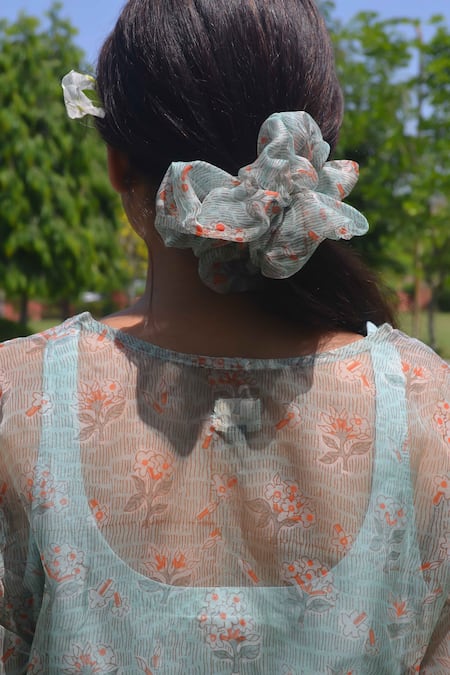 Studio Malang_Blue Organza, Chanderi Embroidery Collared Bloom Print Kurta And Pant Set_Online_at_Aza_Fashions