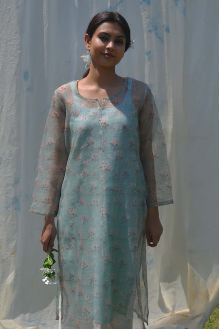 Buy_Studio Malang_Blue Organza, Chanderi Embroidery Collared Bloom Print Kurta And Pant Set_Online_at_Aza_Fashions
