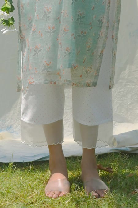 Shop_Studio Malang_Blue Organza, Chanderi Embroidery Collared Bloom Print Kurta And Pant Set_Online_at_Aza_Fashions