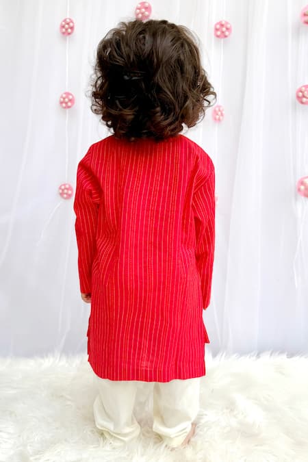 Shop_Byb Premium_Red Cotton Embroidery Kantha Stitch Line Kurta And Pyjama Set _at_Aza_Fashions