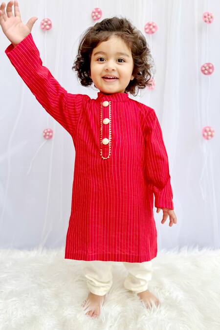 Shop_Byb Premium_Red Cotton Embroidery Kantha Stitch Line Kurta And Pyjama Set 
