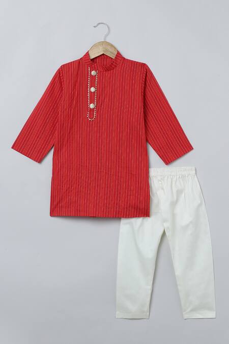 Byb Premium_Red Cotton Embroidery Kantha Stitch Line Kurta And Pyjama Set _Online_at_Aza_Fashions