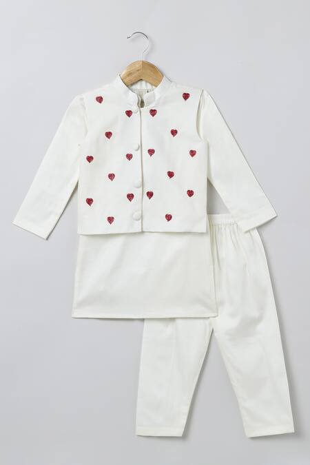 Buy_Byb Premium_White Cotton Beads Heart Embroidered Kurta Set _Online_at_Aza_Fashions
