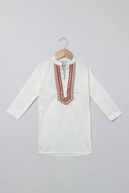 Shop_Byb Premium_White Cotton Beads Heart Embroidered Kurta Set _Online_at_Aza_Fashions