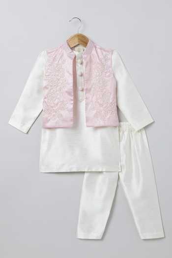 Byb Premium_White Silk Pearls Embroidered Nehru Jacket Set _Online_at_Aza_Fashions