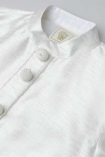 Byb Premium_White Silk Pearls Embroidered Nehru Jacket Set _at_Aza_Fashions