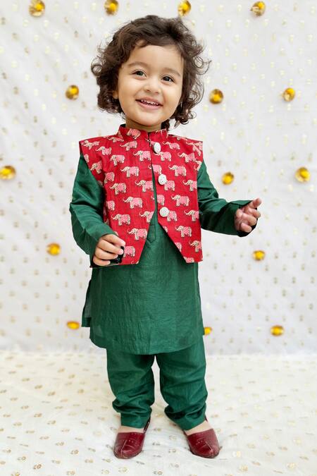 Shop Byb Premium Green Cotton Pearls Jaipuri Elephant Print Bundi Set Online at Aza Fashions Shop_Byb Premium_Green Cotton Pearls Jaipuri Elephant Print Bundi Set _Online_at_Aza_Fashions