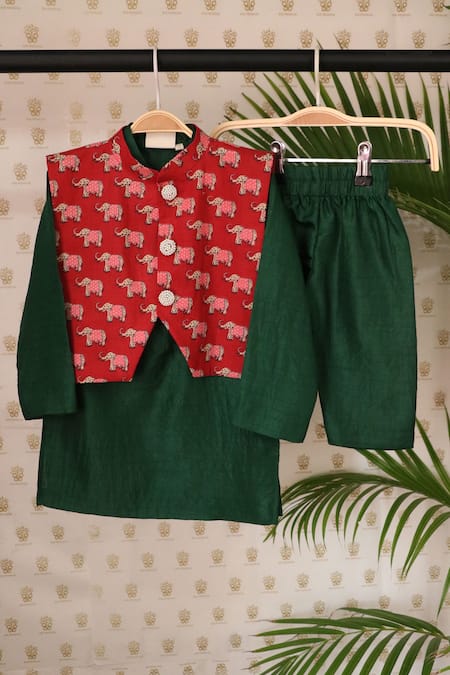 Byb Premium Green Cotton Pearls Jaipuri Elephant Print Bundi Set at Aza Fashions Byb Premium_Green Cotton Pearls Jaipuri Elephant Print Bundi Set _at_Aza_Fashions