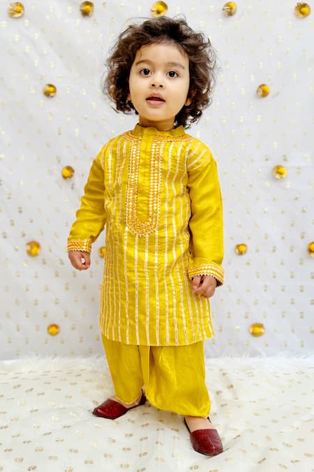 Byb Premium_Yellow Silk Gota Patti Embellished Kurta And Dhoti Pant Set _Online_at_Aza_Fashions