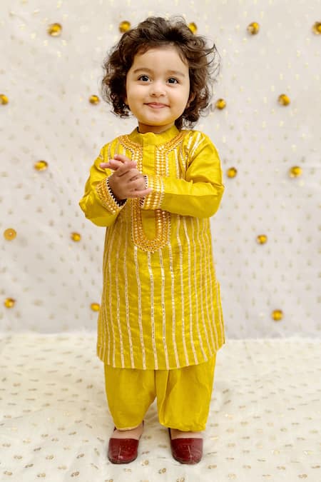 Buy_Byb Premium_Yellow Silk Gota Patti Embellished Kurta And Dhoti Pant Set _Online_at_Aza_Fashions