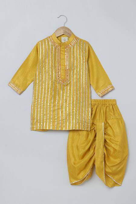 Shop_Byb Premium_Yellow Silk Gota Patti Embellished Kurta And Dhoti Pant Set _Online_at_Aza_Fashions