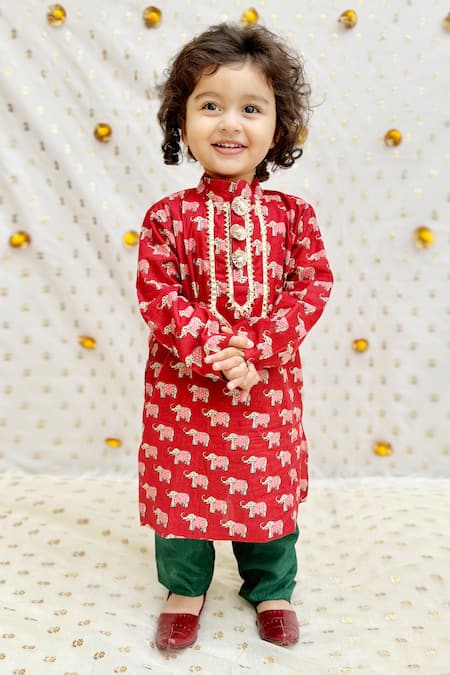 Byb Premium Red Pure Cotton Printed Elephant Jaipuri Kurta And Pyjama Set 