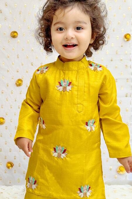 Byb Premium Yellow Silk Embroidery Lotus Kurta And Pyjama Set Online at Aza Fashions Byb Premium_Yellow Silk Embroidery Lotus Kurta And Pyjama Set _Online_at_Aza_Fashions