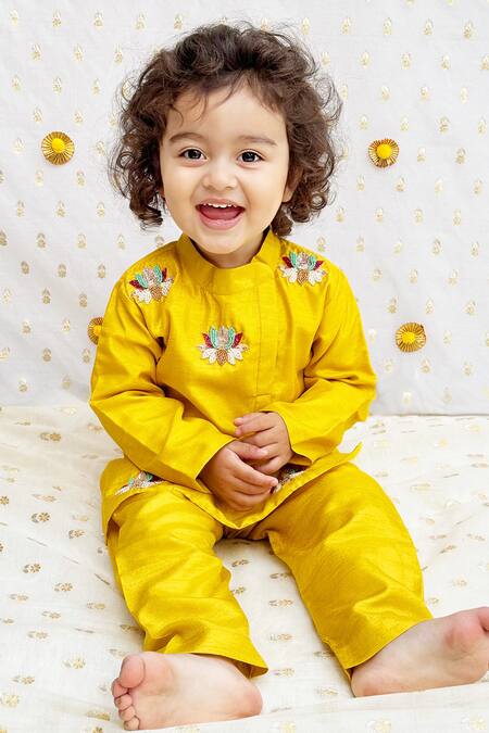 Buy Byb Premium Yellow Silk Embroidery Lotus Kurta And Pyjama Set Online at Aza Fashions Buy_Byb Premium_Yellow Silk Embroidery Lotus Kurta And Pyjama Set _Online_at_Aza_Fashions