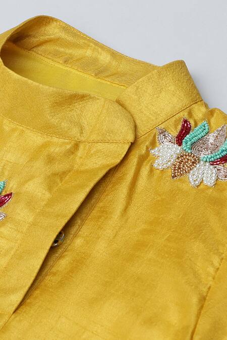 Byb Premium_Yellow Silk Embroidery Lotus Kurta And Pyjama Set _at_Aza_Fashions