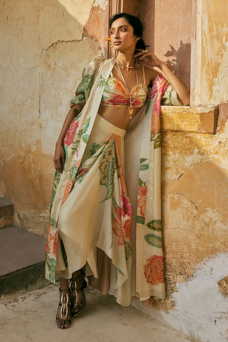 Paulmi And Harsh_Orange Hemp, Silk Sequins, Embroidery Sweetheart Floral Print Jacket Skirt Set _Online_at_Aza_Fashions