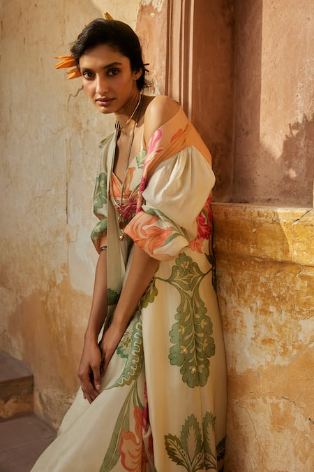 Buy_Paulmi And Harsh_Orange Hemp, Silk Sequins, Embroidery Sweetheart Floral Print Jacket Skirt Set _Online_at_Aza_Fashions
